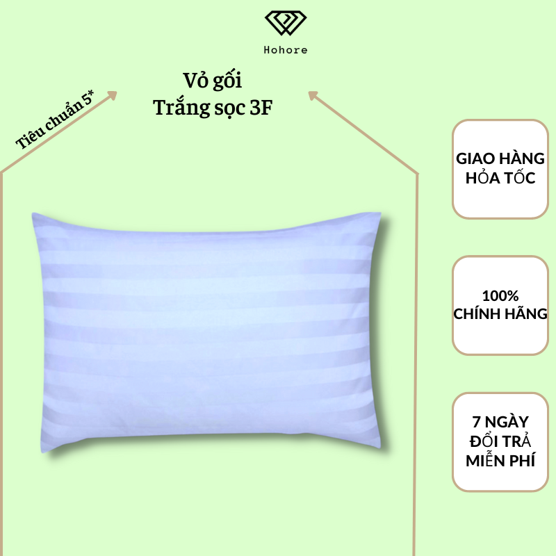 Vỏ bọc gối màu trắng cho khách sạn chất liệu vải cotton cvc T300 sọc 3F Riotex  [ size: gối nằm 40 x 60 / gối nằm 50 x 70 / gối ôm 35 x 100 ]