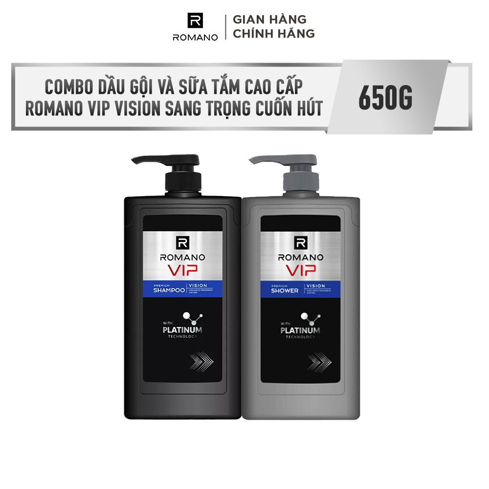 Combo Dầu gội và Sữa tắm cao cấp Romano VIP Vision sang trọng cuốn hút/ Vip Passion mạnh mẽ cuốn hút 650g/chai