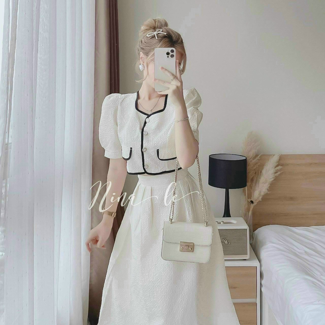 Sét áo viền né nút cài thật kèm chân váy xòe dài vải xốp nhật mềm mại siêu xinh .qc