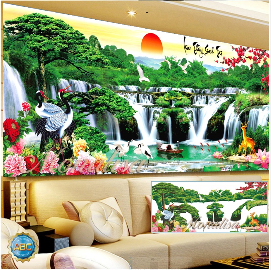 TRANH ĐÍNH ĐÁ-TRANH THÊU PHONG CẢNH LƯU THỦY SINH TÀI 237X97CM 130X60CM
