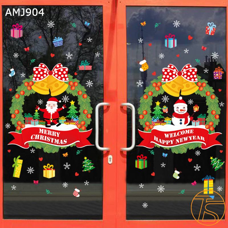 Decal Noel Trang Trí 2 Cửa Kính Welcome Happy New Year & Merry Christmas Mẫu Dán Tĩnh Điện Không Để Lại Keo