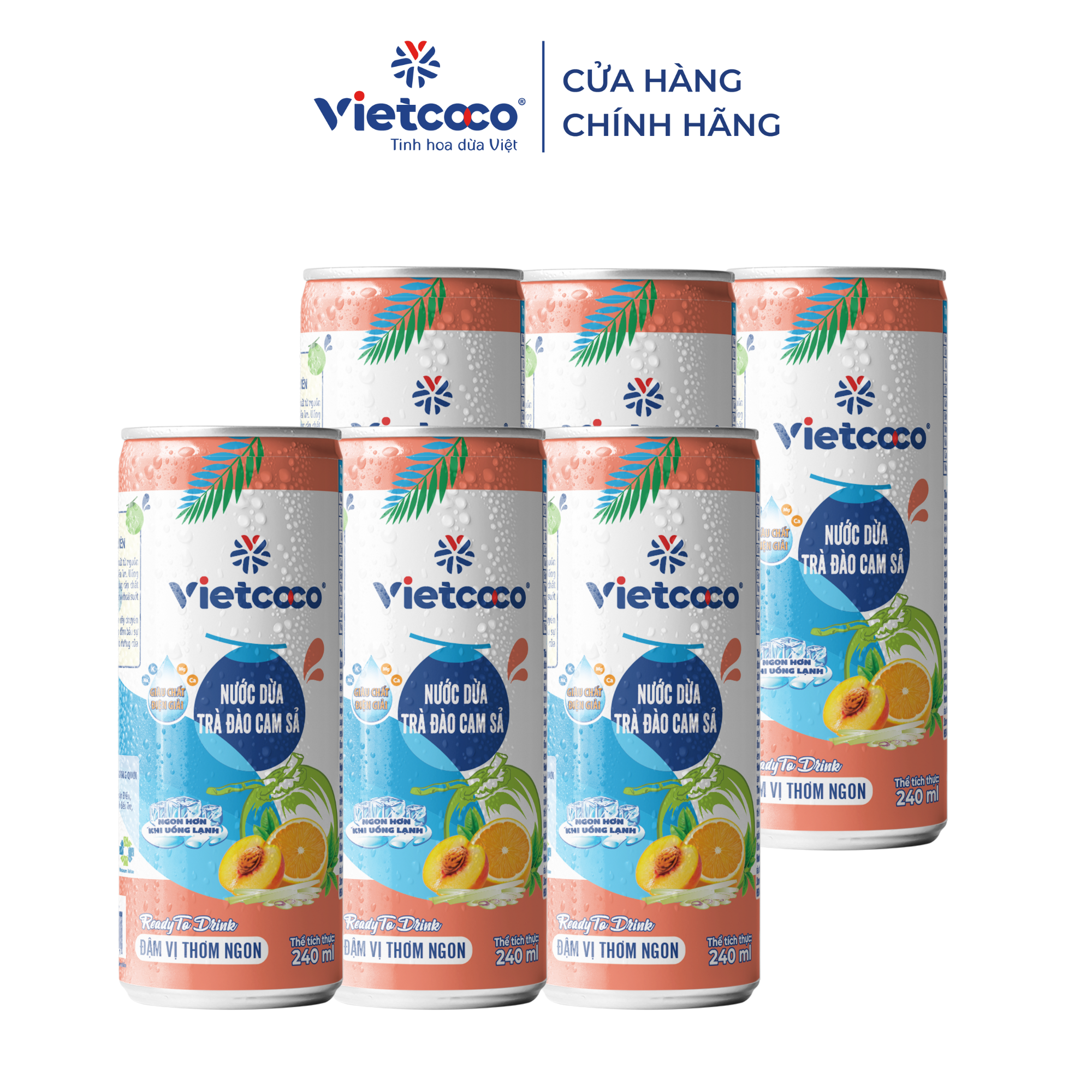 Combo 6 lon Nước dừa trà đào cam sả Vietcoco 240ml