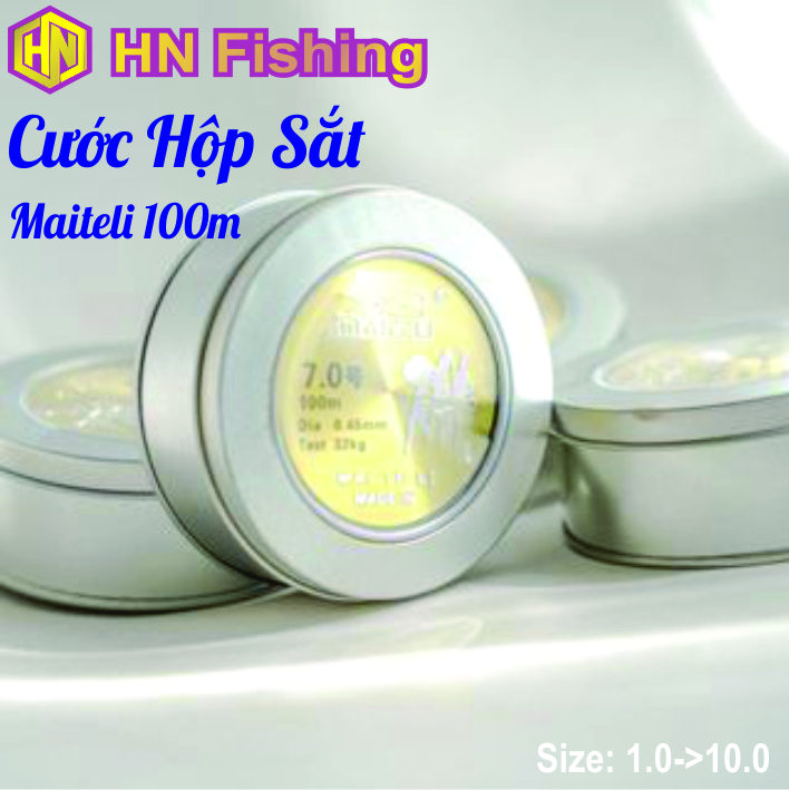 Cước câu cá hộp sắt Maiteli 100m, cước hộp sắt làm trục, thẻo câu đài chính hãng. Đồ Câu Hoàng Nam