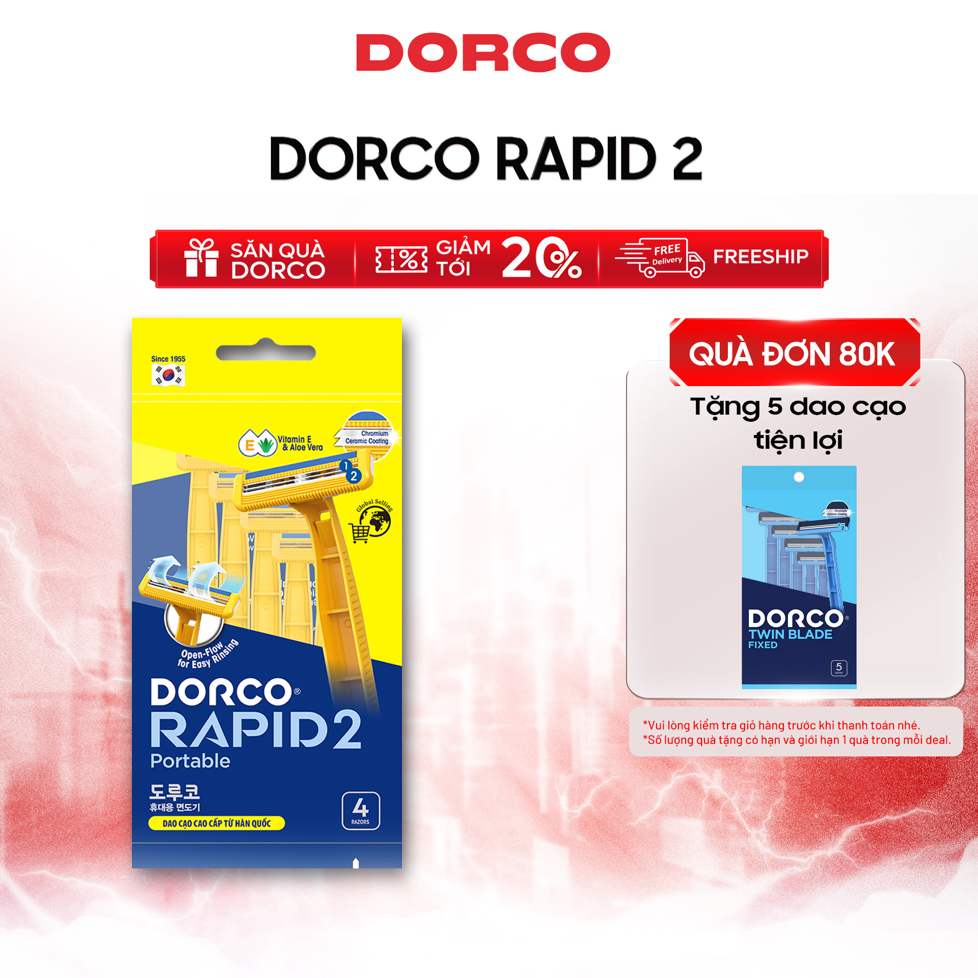 Dao Cạo Tiện Lợi Hàn Quốc 2 Lưỡi DORCO RAPID 2 - TNB200YL-4P - Túi Gồm 4 Cây Dao cạo