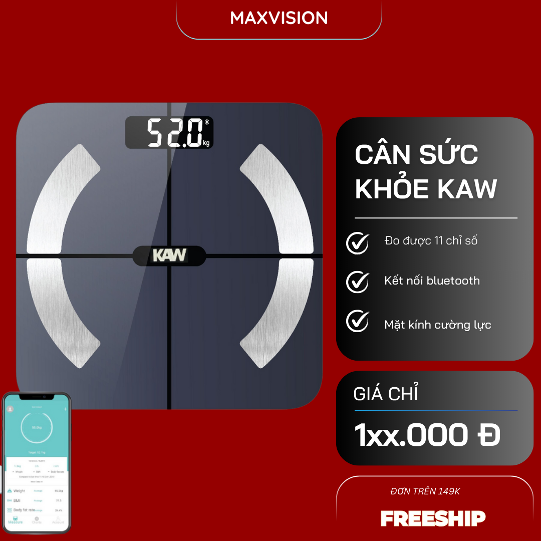 Cân Sức Khỏe Thông Minh KAW, Rapido RSB02-S màn hình LCD lớn kết nối bluetooth phân tích các chỉ số cơ thể, lượng mỡ, lượng chất khoa học