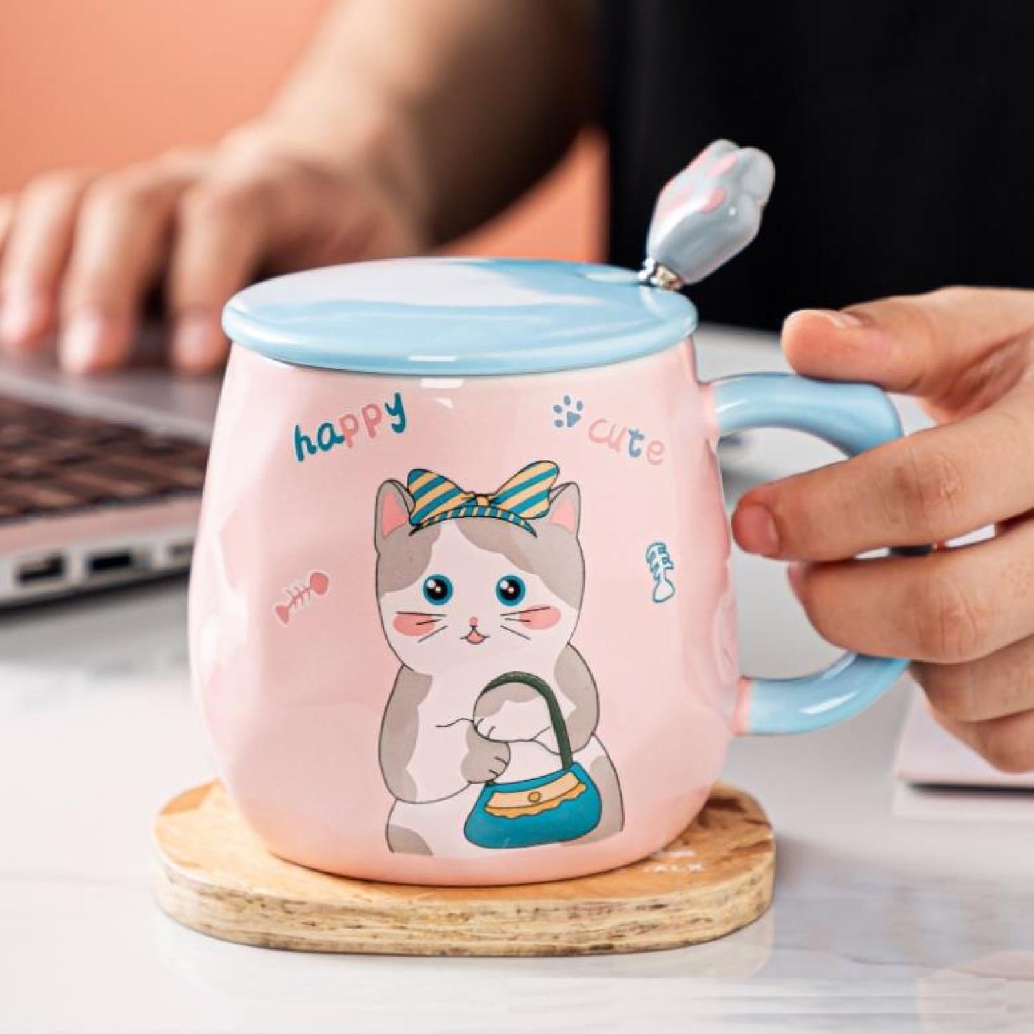 Cốc sứ happy cat - khắc tên theo yêu cầu ý nghĩa, ly sứ có nắp và thìa, dung tích 400ml, hôp quà tặng in logo, in hình