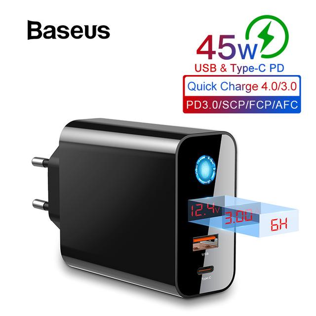 Củ sạc nhanh 45W thương hiệu BASEUS có màn hình hiển thị dòng, có chế độ hẹn giờ công nghệ Quick Charge 4.0 tự động điều chỉnh dòng sạc đối với iPhone X, XS max, Macbook, Samsung Galaxy S8, S9, S10 Note 8, Note 9 - Phân phối bởi Vietstore