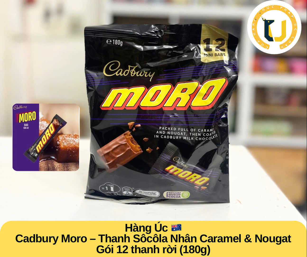 (HÀNG ÚC) Socola sữa nhân caramel và kẹo nougat CADBURY MORO gói chia sẻ 180GR/12 mini bars