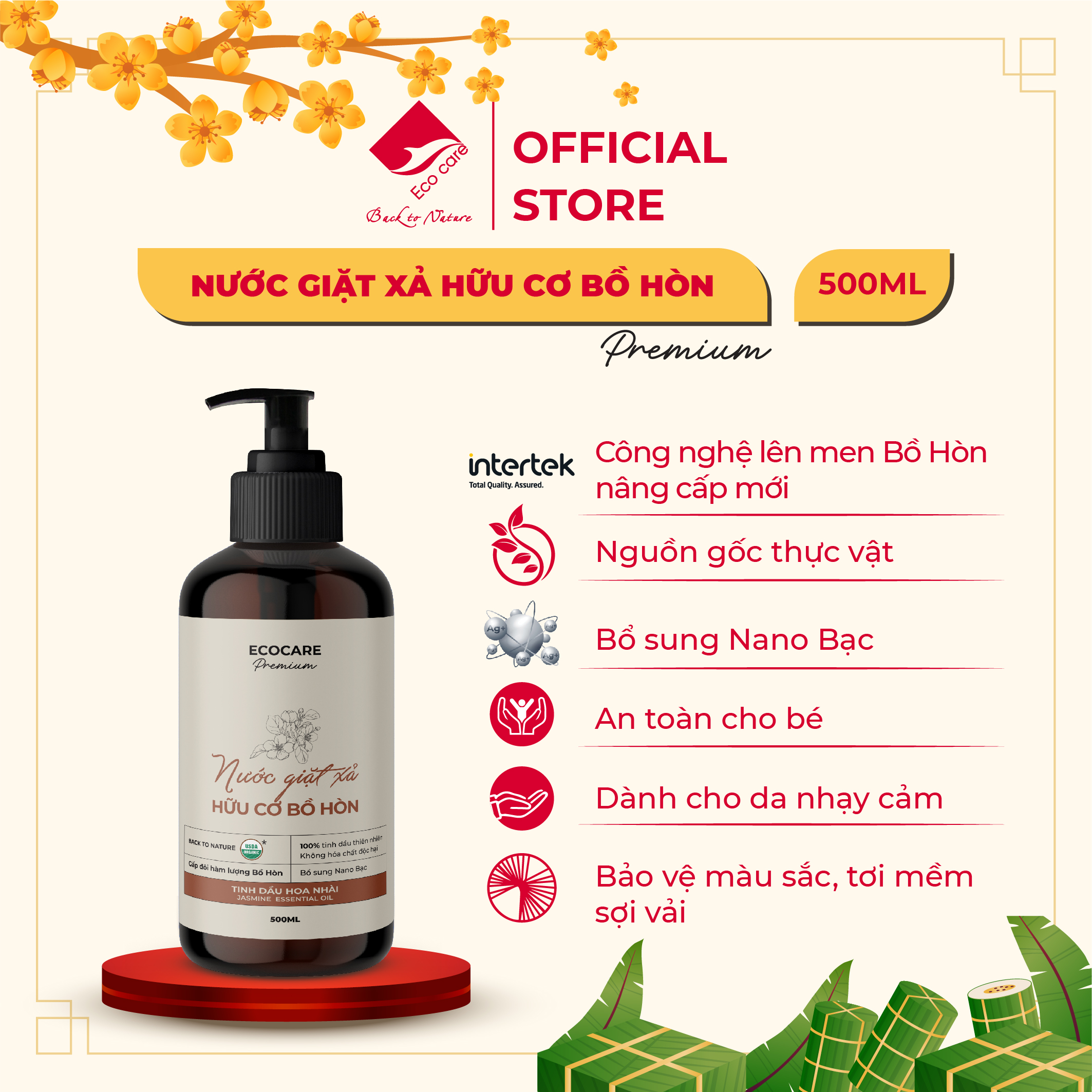 Nước Giặt Xả Hữu Cơ Bồ Hòn ECOCARE Kết Hợp Tinh Dầu Hoa Nhài, Giặt Xả An Toàn Với Mọi Loại Vải 500ml