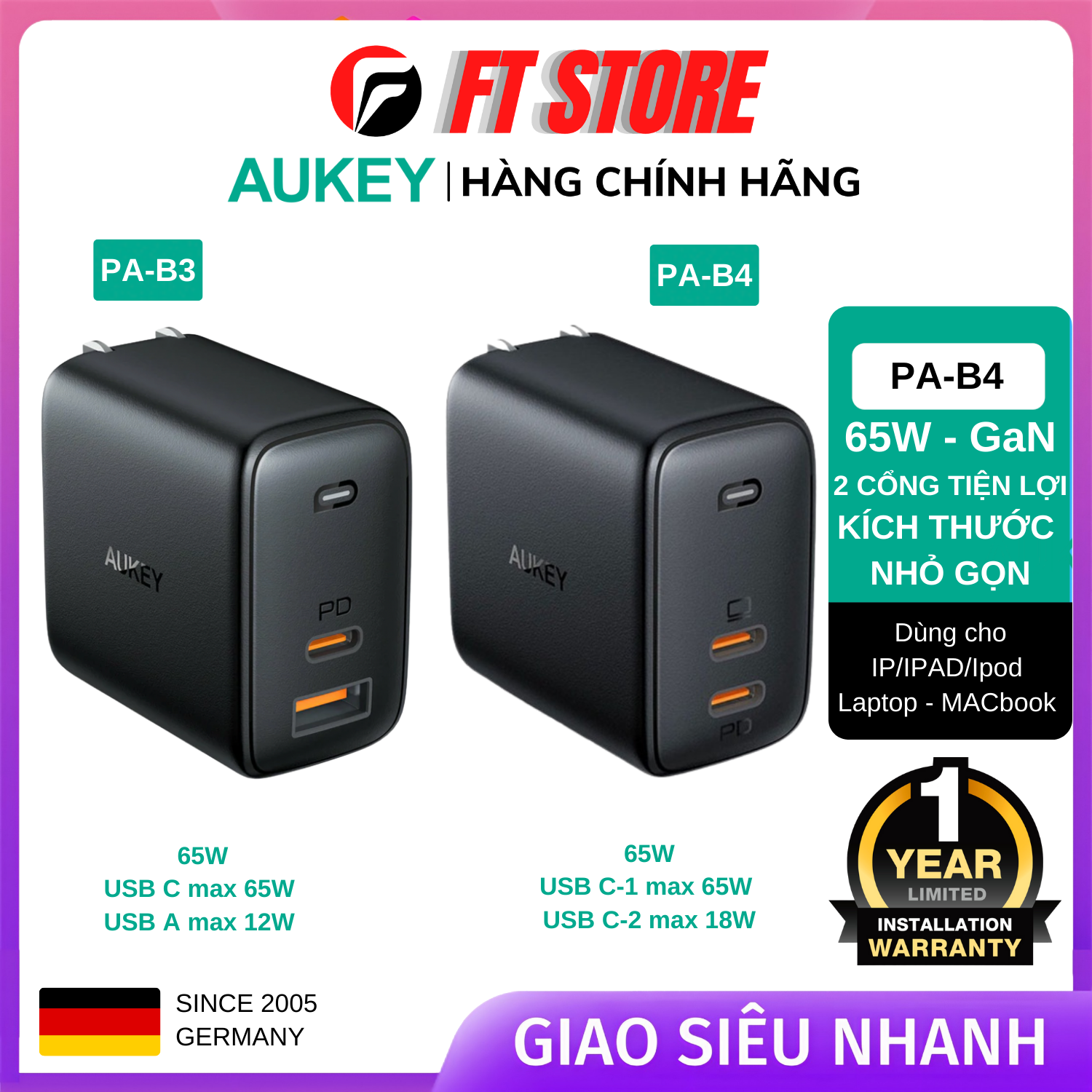 Củ sạc nhanh gan aukey pa-b3 / pa-b4 65w sạc laptop, tablet 65w, pd 20w cho ip8/ip13prm