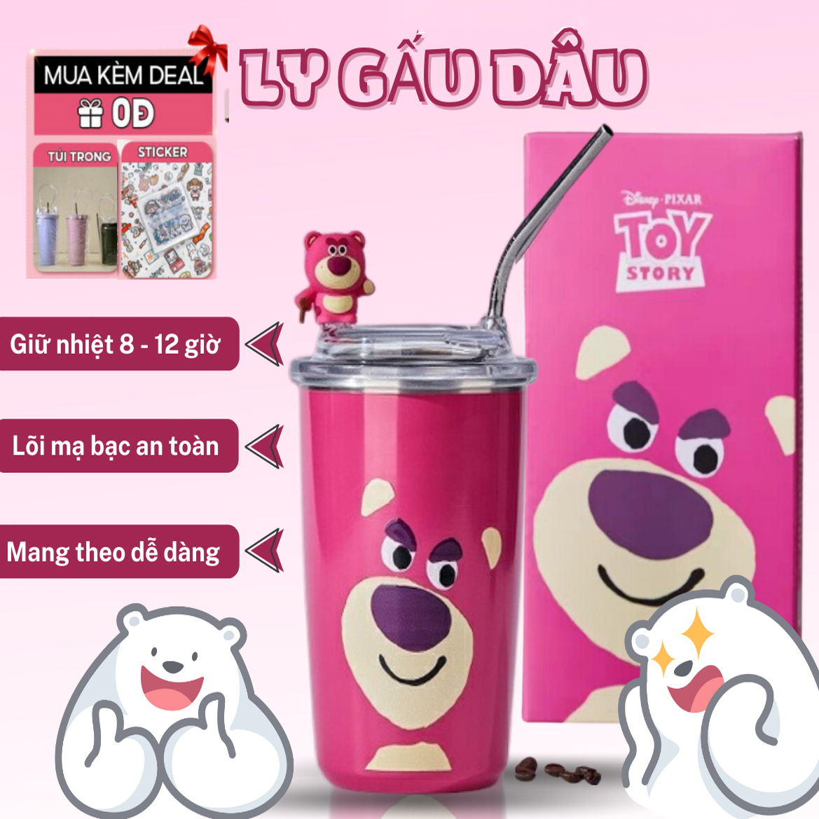 Ly Giữ Nhiệt Gấu Dâu LOT-SO, Cốc Giữ Nhiệt Gấu Dâu Uống Nước Chất Liệu Inox 304 Cao Cấp Không Gỉ Kèm