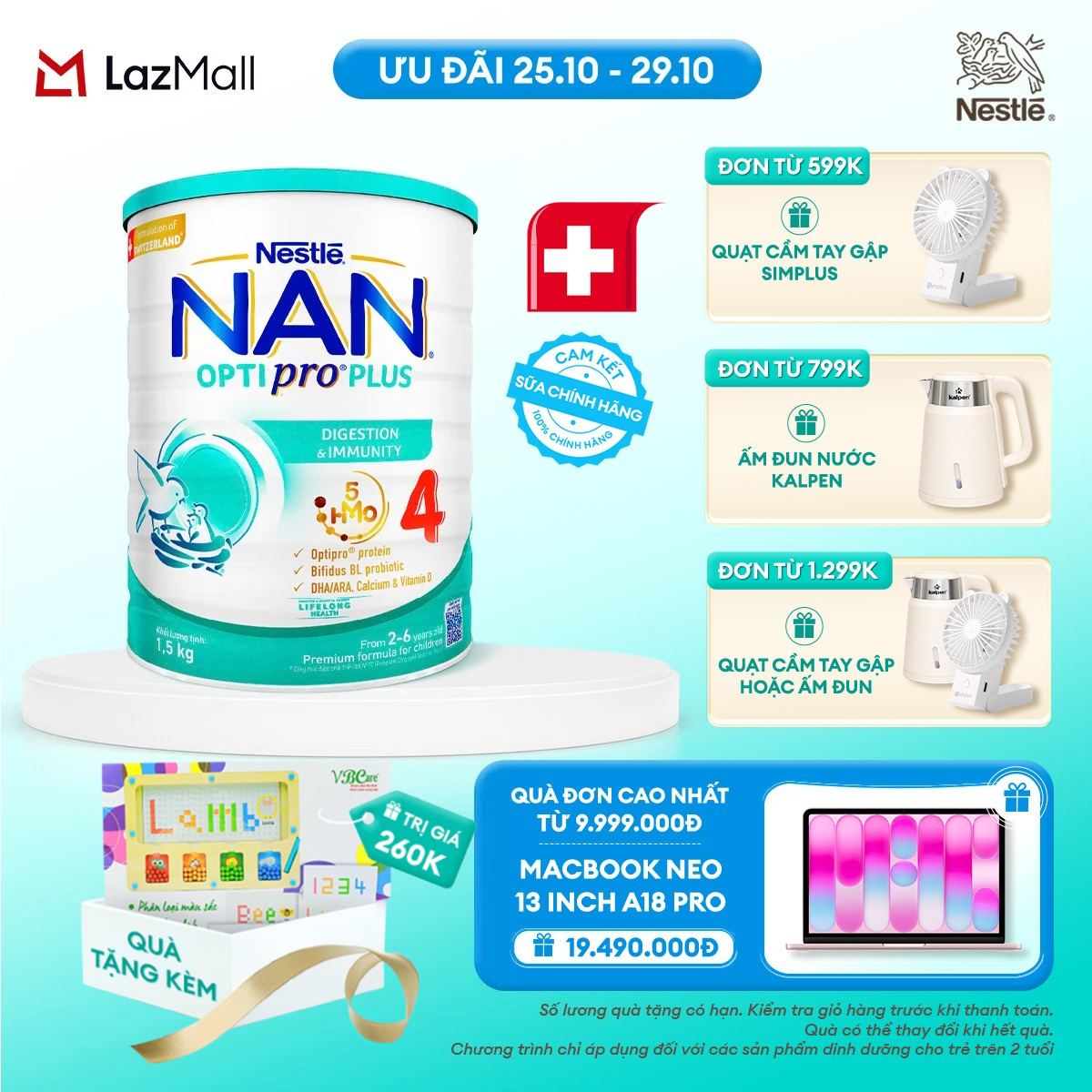 [CHỈ 25-29.10 QT ĐƠN 599K/799K/1299K] [Tặng Đồ chơi phân loại màu sắc] Sữa bột Nestlé NAN OPTIPRO PLUS 4 1500g/lon với 5HMO Giúp tiêu hóa tốt