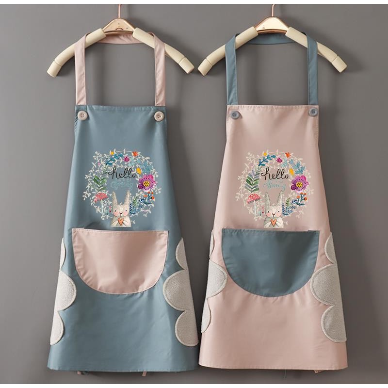 Tạp dề chống thấm nước nhà bếp, tạp dề nam nữ hình hoa thỏ, có lau tay hai bên và túi đựng đồ hàng cao cấp