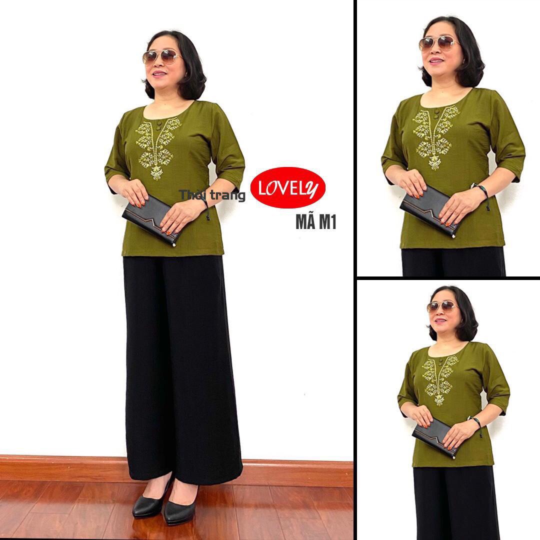 Áo trung niên tay lỡ, chất Đũi Hàn Châu cao cấp , họa tiết chữ V đẹp mắt dành cho các bà, các mẹ (M1;3;6;9;17;31;33)