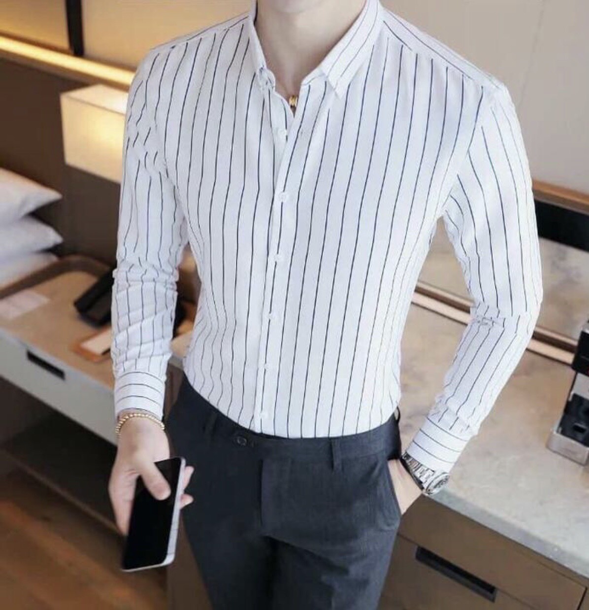 [Ảnh thật-VNXK] Áo sơ mi nam kẻ sọc body vải xịn trơn mát chống nhăn kiểu dáng Hàn Quốc