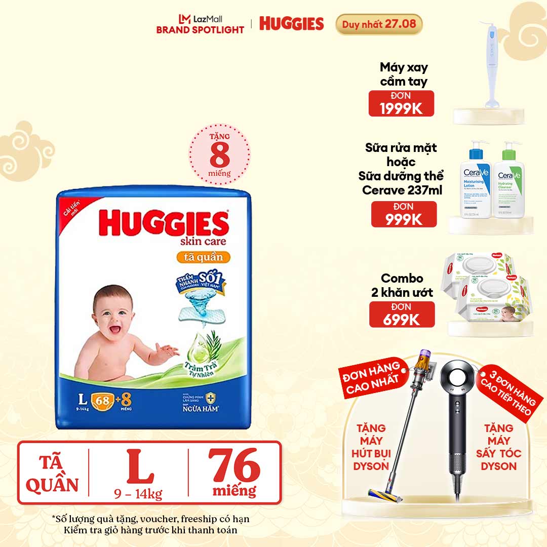Tã/bỉm quần huggies skincare gói super jumbo size l68+8 miếng