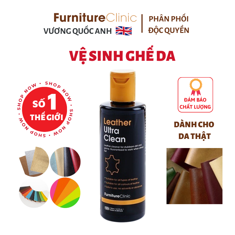 Vệ sinh ghế da ô tô và ghế sofa da hãng Furniture Clinic nước Anh làm sạch và an toàn Leather Ultra Clean 500ml
