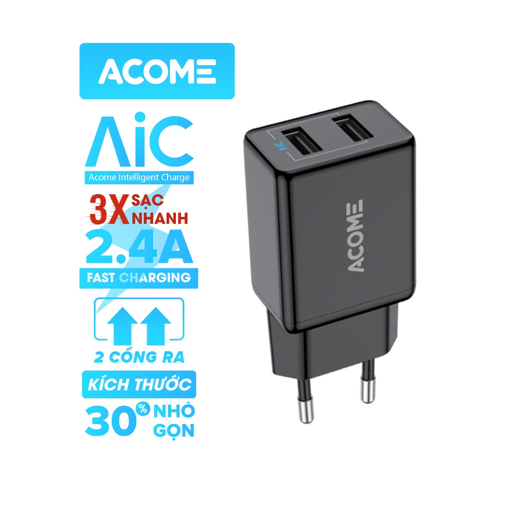 Cốc Sạc Nhanh Acome AC03U 20W 2 Cổng USB Tương Thích Iphone iPad Samsung Oppo Xiaomi