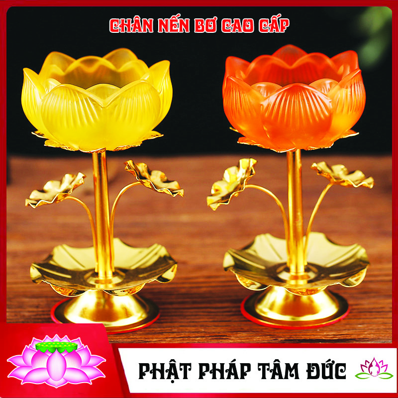 Bộ chân nến bơ, chân nến bơ hoa sen hợp kim đồng cao cấp - 1 cặp