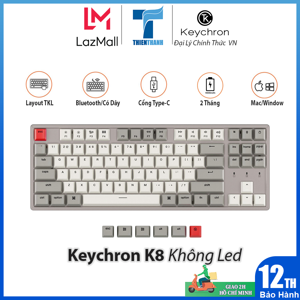 Bàn Phím Cơ Không Dây Keychron K8 Không Led - Hàng Chính Hãng