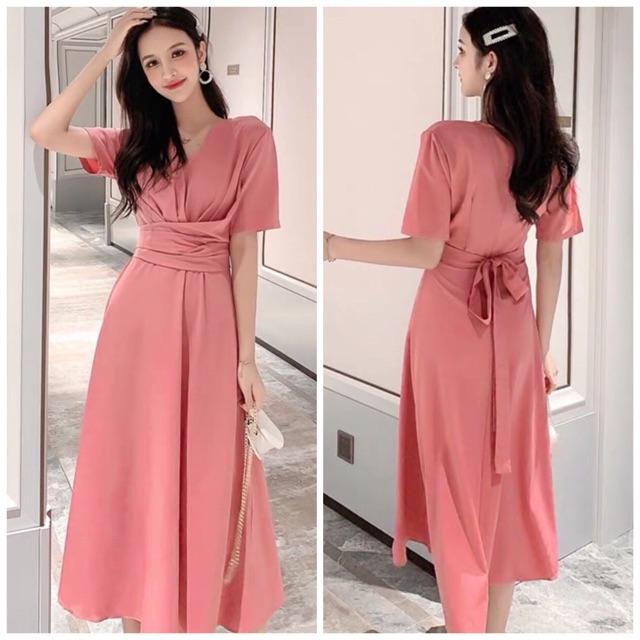 [HCM]Đầm hồng ruốc form dài chéo eo (kèm hình thật) - Đầm nữ dự tiệc dạo phố dễ thương
