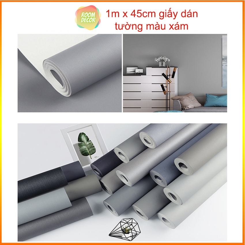 Giấy dán tường màu xám giá bán 1m x 45cm, giấy dán tường màu xám nhạt, giấy dán tường màu xám đậm, giấy dán tường màu xám nhám, giấy dán bàn học, giấy dán tường phòng ngủ - ROOM DECOR
