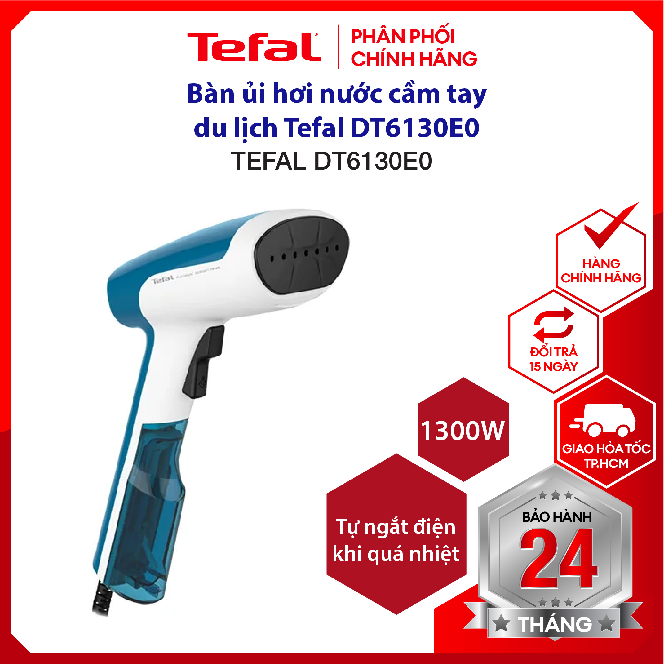 |HỎA TỐC 2H| Bàn ủi hơi nước cầm tay, bàn là hơi nước Tefal DT6130E0 - dung tích 70ml - 1300W - khởi động 15s - tự động chỉnh nhiệt - bảo hành 2 năm