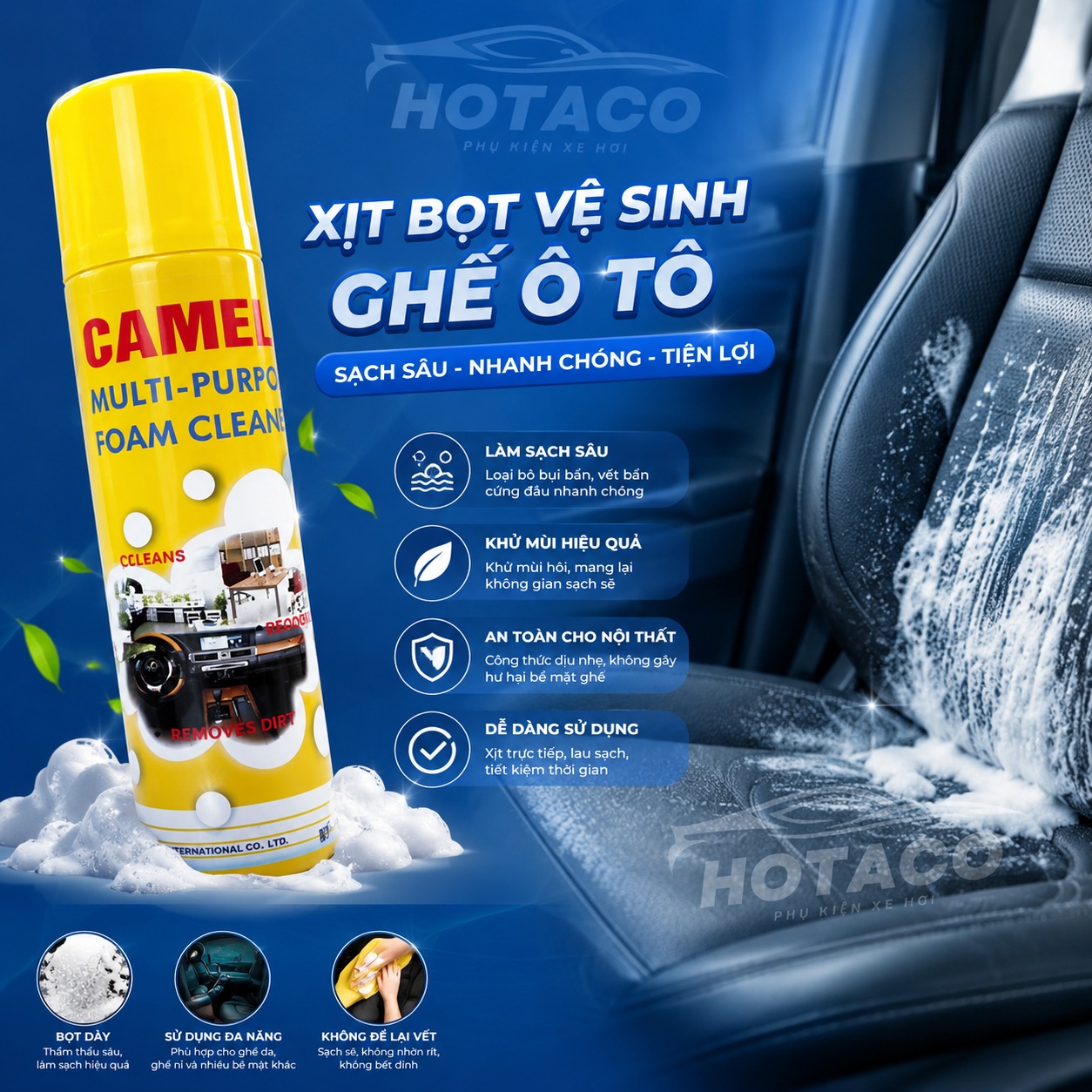 BÌNH XỊT VẾT Ố XE HƠI ĐA NĂNG HOTACO-CHAI XỊT LÀM SẠCH GHẾ DA, NỘI THẤT, TRẦN, TAPLO VỆ SINH SẠCH SẼ MÙI THƠM