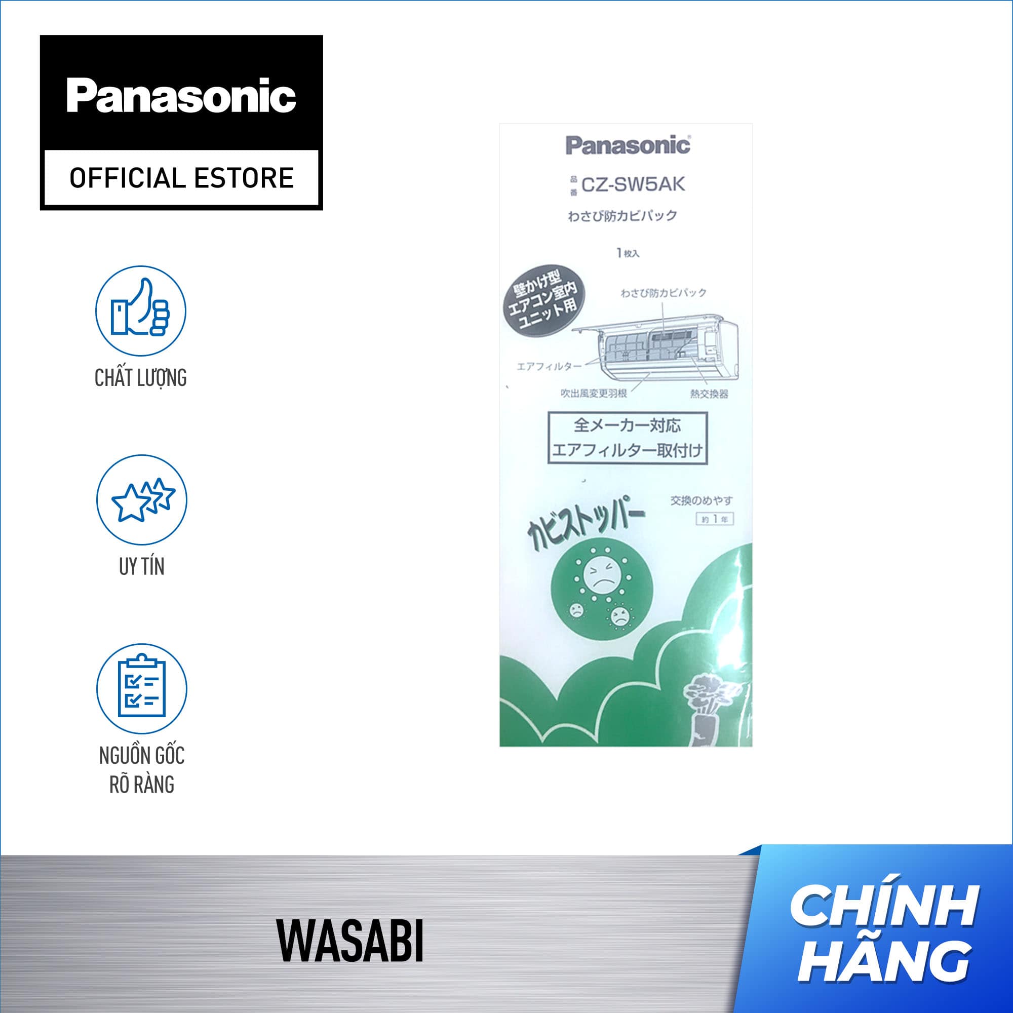 Miếng dán Wasabi Panasonic dành cho điều hòa: Ức chế nấm mốc    Hỗ trợ khử mùi, kháng khuẩn    365 ngày tận hưởng. 100% nhập khẩu từ Nhật Bản