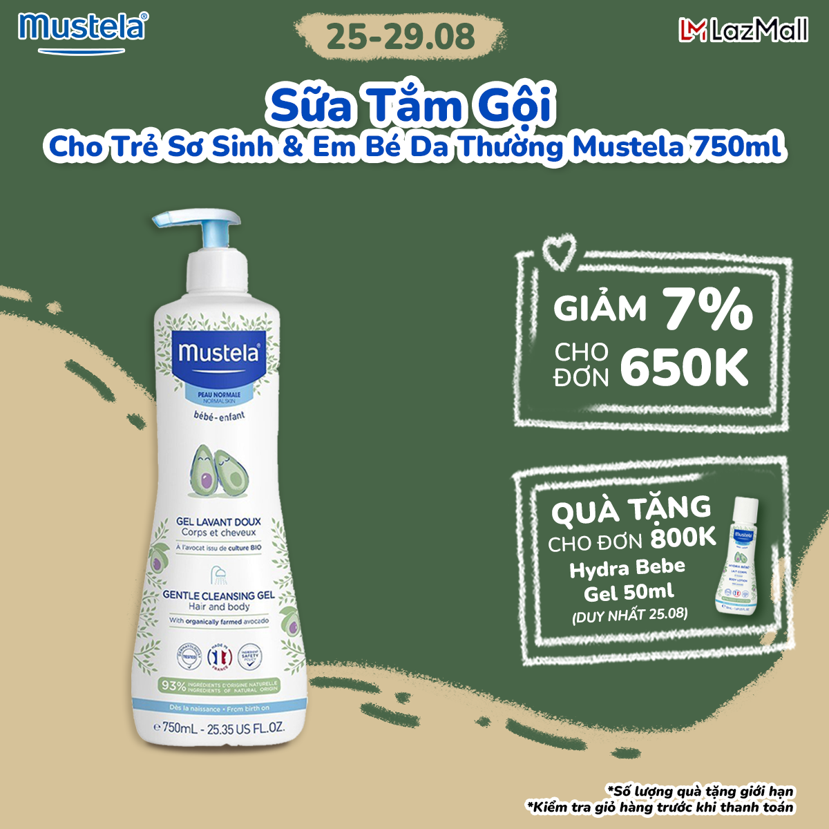 Sữa tắm gội cho trẻ sơ sinh & em bé da thường mustela 750ml