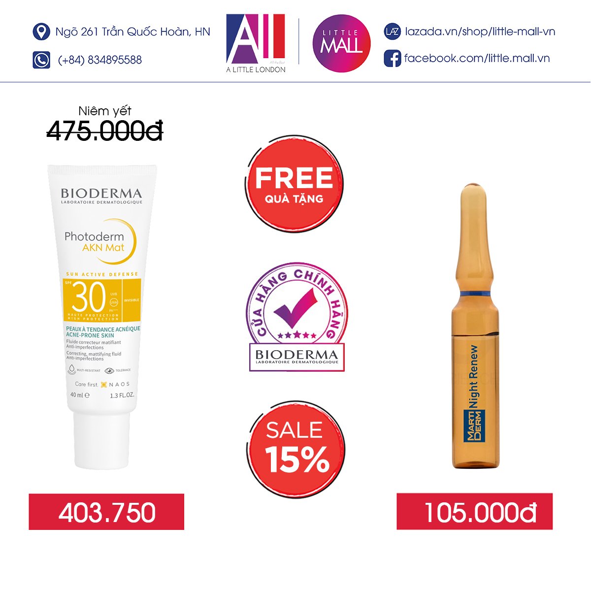 Kem chống nắng dành cho da hỗn hợp, da dầu đến da mụn Bioderma photoderm akn mat spf30 40ml TẶNG Ampoule chống lão hóa Martiderm (Nhập khẩu)