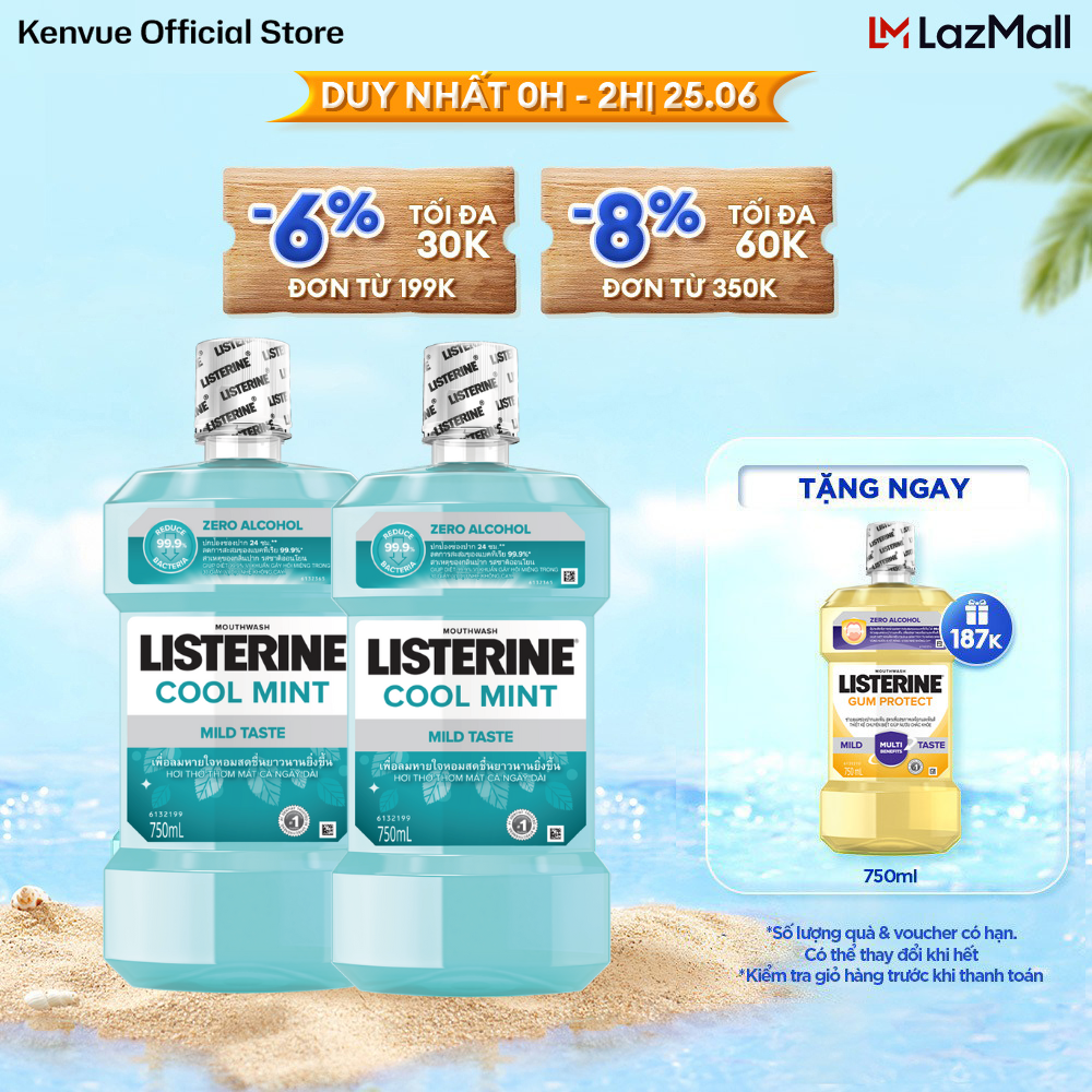 Bộ 2 Chai Nước Súc Miệng Listerine Giúp Hơi Thở Thơm Mát Cool Mint Zero Alcohol 750mlx2