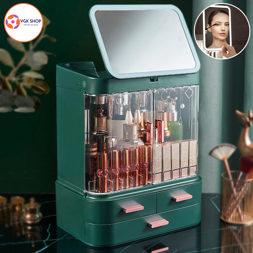 Kệ đựng mỹ phẩm thông minh có ngăn kéo, hộp đựng trang sức mỹ phẩm có đèn led kèm gương led trang điểm thế hệ mới