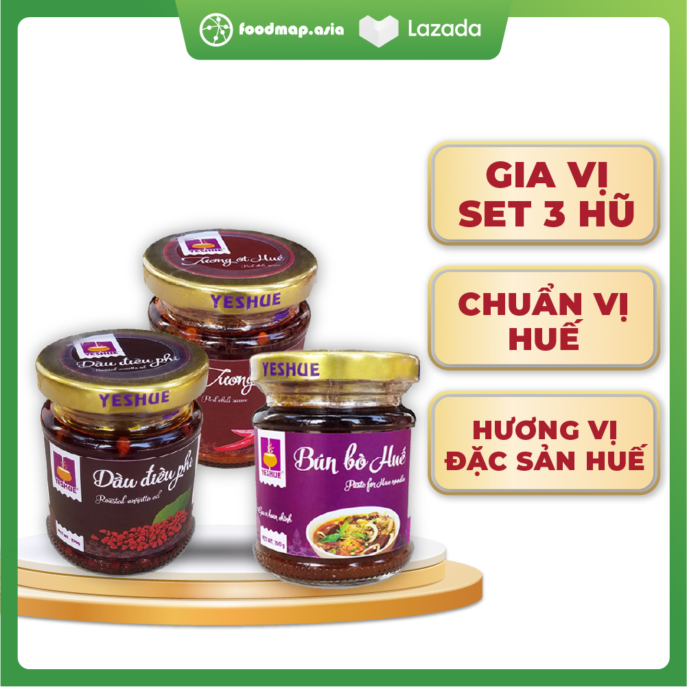 Set Nguyên Liệu Gia Vị Bún Bò Huế Hoàn Chỉnh YesHue - 3 Loại (1 Tương Ớt + 1 Dầu Điều + 1 Gia Vị Bún Bò) - Foodmap