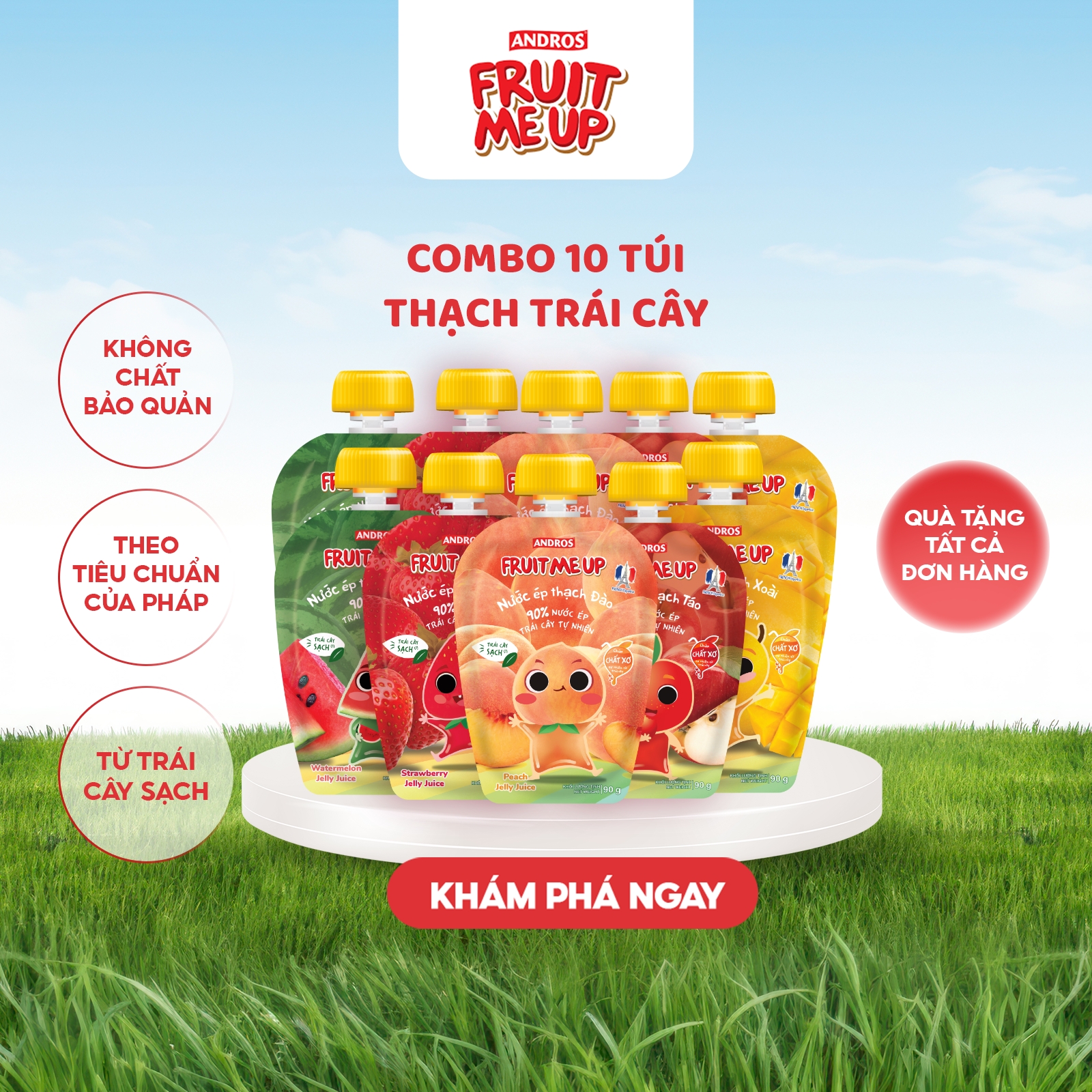 Combo 10 Túi Thạch Trái Cây - 90% Nước Ép Trái Cây Thật - ANDROS FRUIT ME UP - 90g x 10