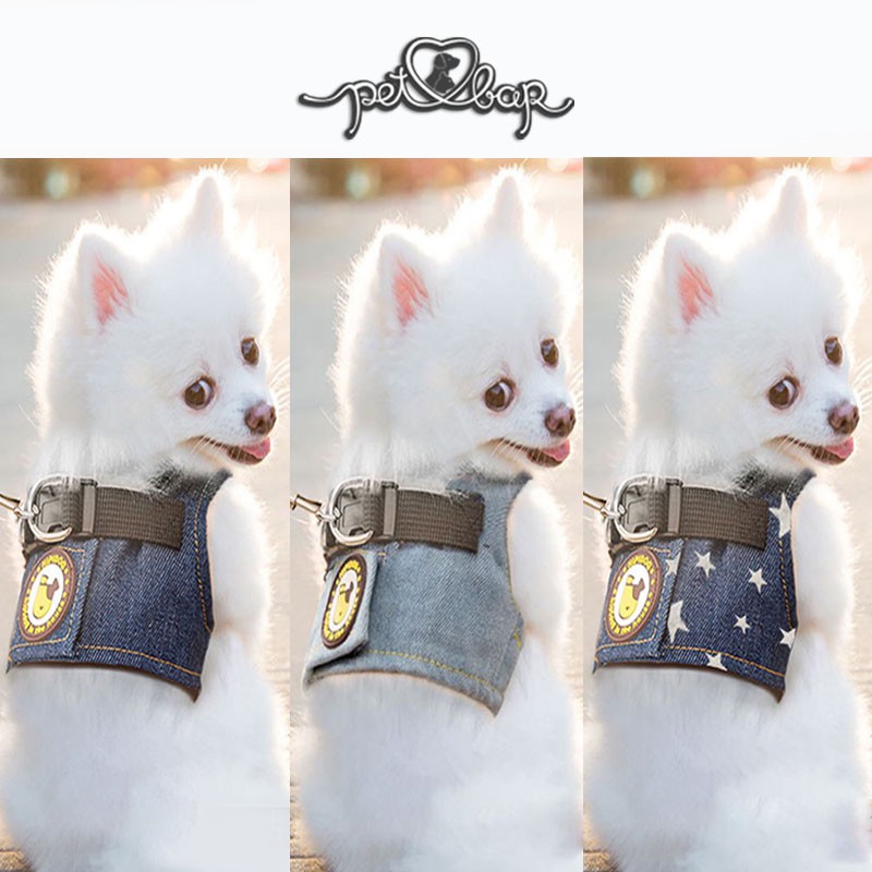 Dây dắt thú cưng đi dạo kèm yếm denim cá tính – Áo bò kèm dây dắt cho chó mèo cao cấp