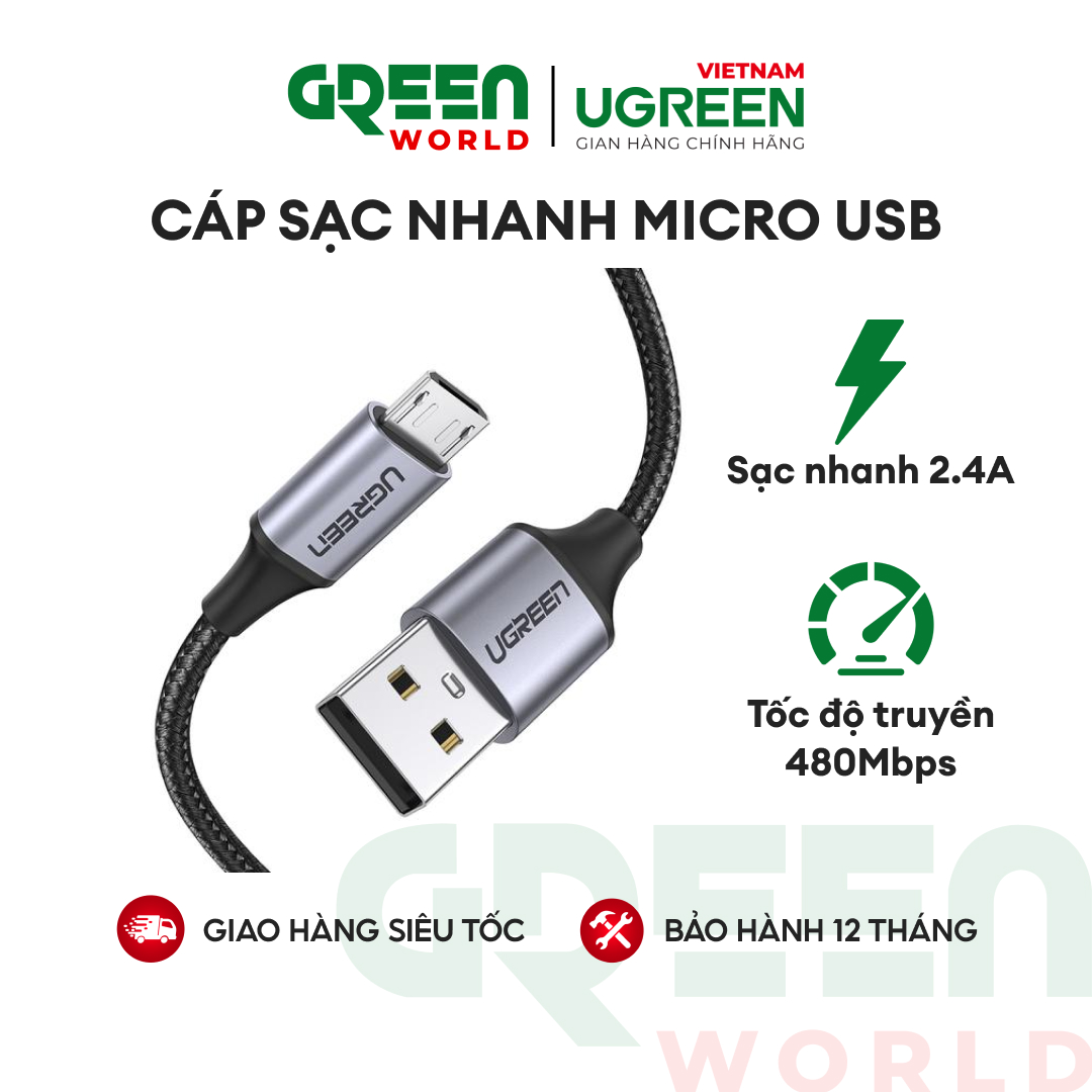 Cáp sạc nhanh microusb 2.4a vỏ sợi bện siêu bền độ dài từ 0.25m đến 2m, tương thích android, samsung, xiaomi, htc, sony...ugreen us290