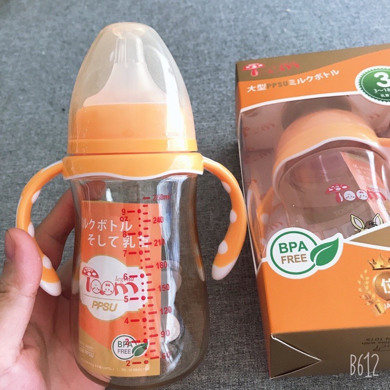 [Tặng 1 núm] Bình Sữa TOOM PPSU 180ml, 260ml cổ rộng có tay cầm quai cầm cho bé