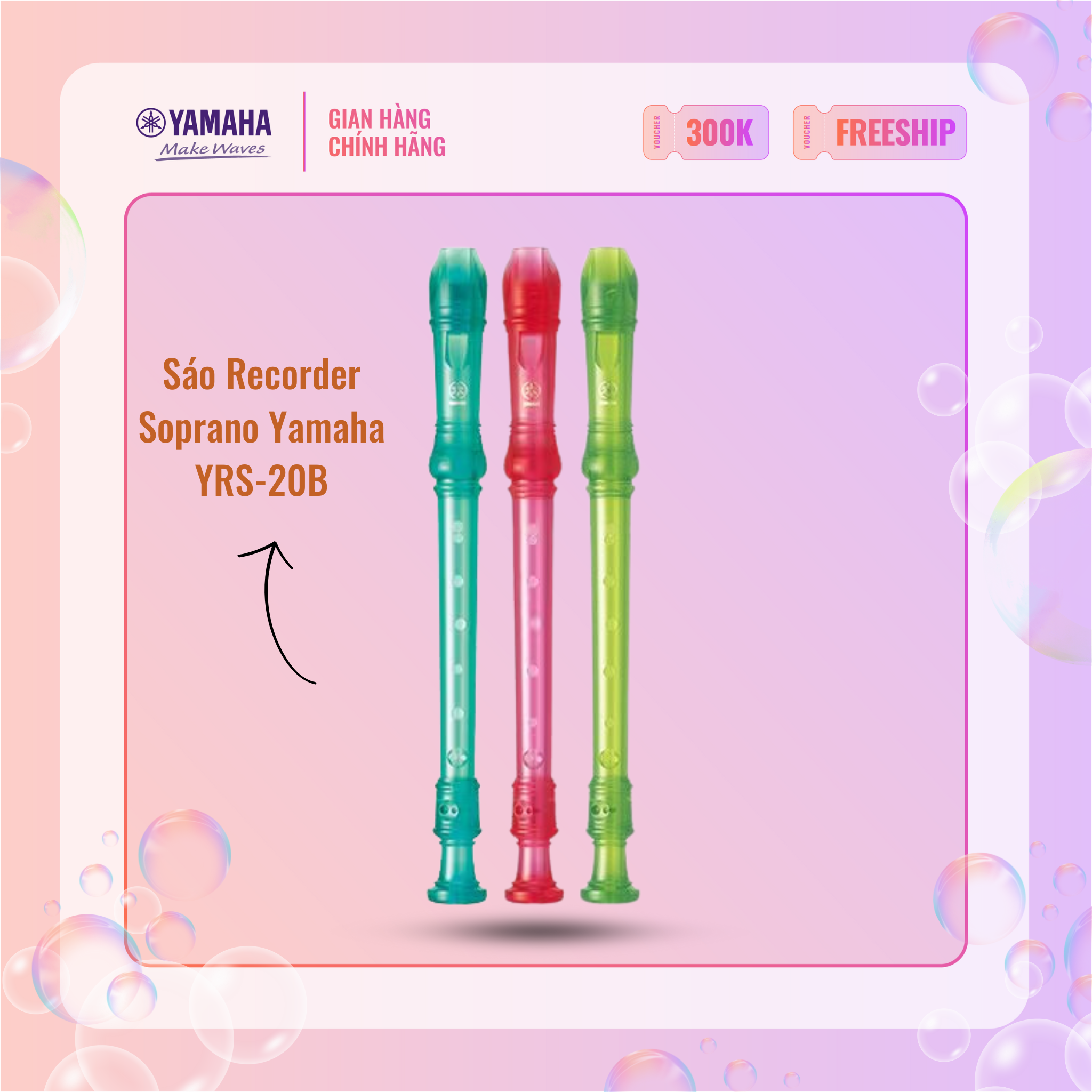 Sáo dọc Recorder Soprano Rainbow YAMAHA YRS-20B kèm túi đựng - Tiêu chuẩn giáo dục quốc tế (3 màu: xanh dương, xanh lá, hồng)