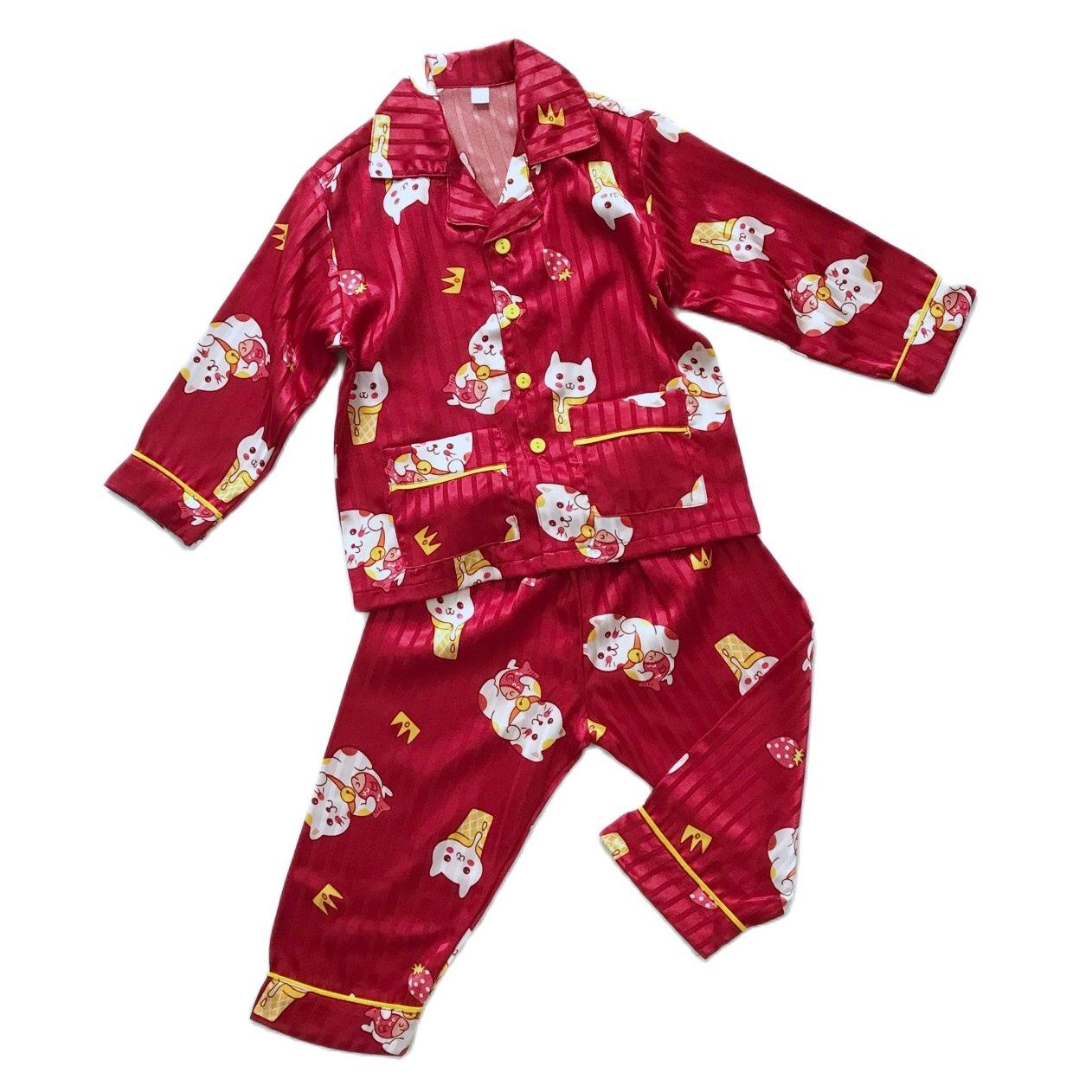 Đồ bộ Quần áo Pijama dài cho bé trai bé gái vải Gấm mềm mịn đẹp thoáng mát hình Mèo đỏ may mắn size 10-20kg cho bé 1-5 tuổi