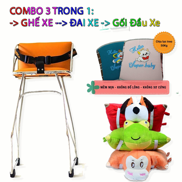 ComBo 3Món Ghế Và Đai Và Gối Và Ghế Ngồi Xe Máy Cho Bé Cho Các Loại Xe Tay Ga Ghế Đi Xe Máy Inox Dựa Không Vòng( SCR LEAD VISIONAIRBLACK SH MODE VESPA ATILA....)