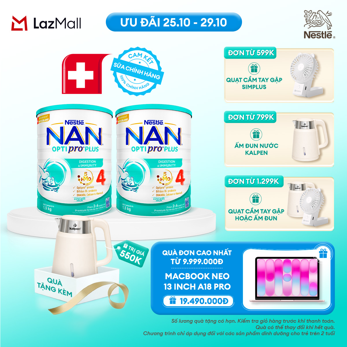 [CHỈ 25-29.10 QT ĐƠN 599K/799K/1299K] [Tặng ấm Kalpen] Combo 2 lon Sữa bột Nestlé NAN OPTIPRO PLUS 4 1500g/lon với 5HMO Giúp tiêu hóa tốt