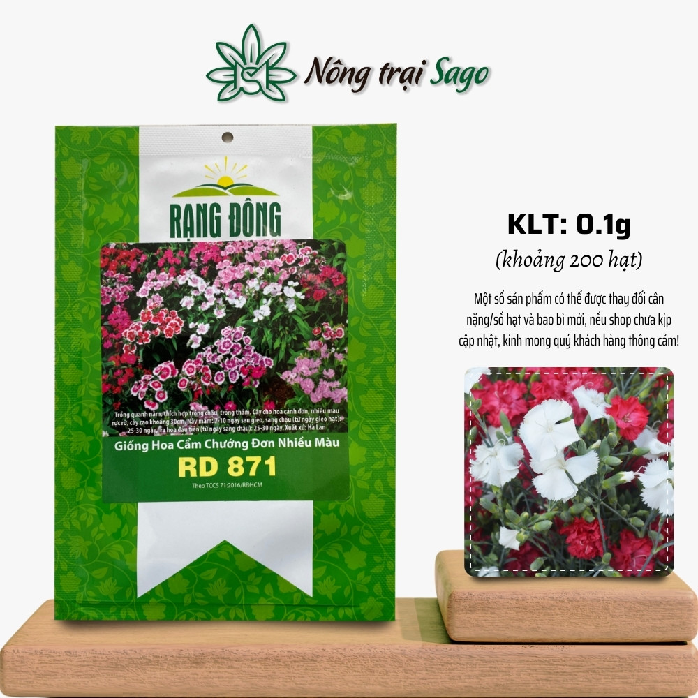 Hạt giống Hoa Cẩm Chướng Đơn Nhiều Màu Rd 871 (0,1g~200 hạt) Hoa đẹp, trồng quanh năm, hiệu Hạt giống Rạng Đông - Nông Trại Sago