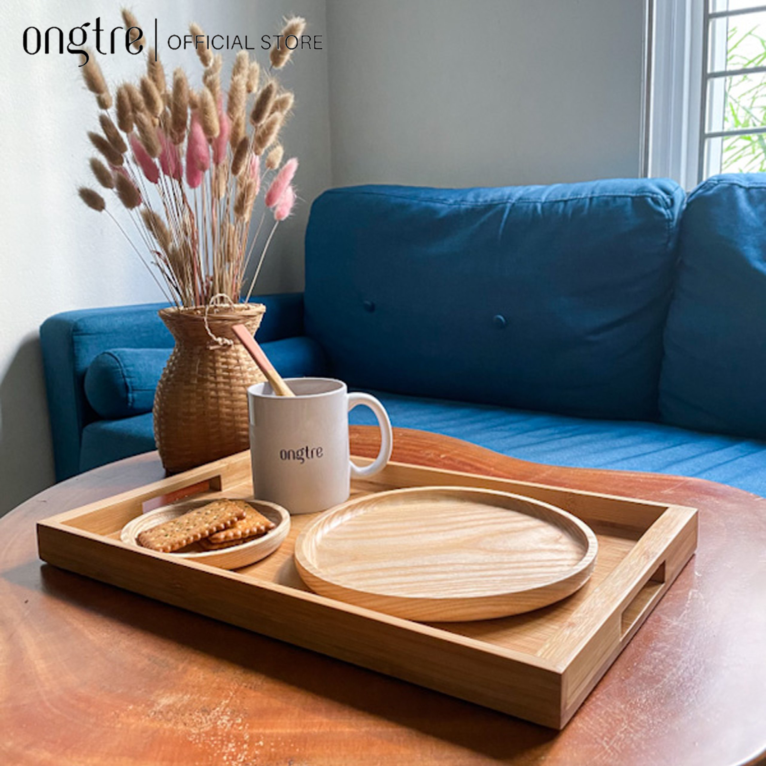 Khay trà ONGTRE bằng tre hình chữ nhật có tay cầm, khay tre phục vụ nhà hàng, khách sạn