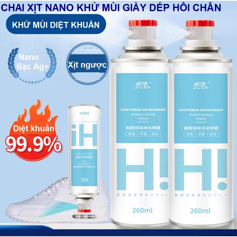 Chai Xịt Khử Mùi Giày Dép Nón Bảo Hiểm Công Nghệ NaNo Bạc, Xịt Khử Mùi Hôi Chân 260ML NANO HI Nhật Bản- Chai xịt thơm giày dép- Chai xịt khử mùi Nano- Chai xịt khử mùi giày quả đào