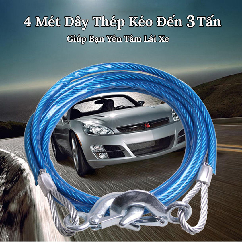 Cáp Kéo Xe Ô Tô Lõi Kim Loại Siêu Bền Dài 4M Chịu Tải 3 Tấn