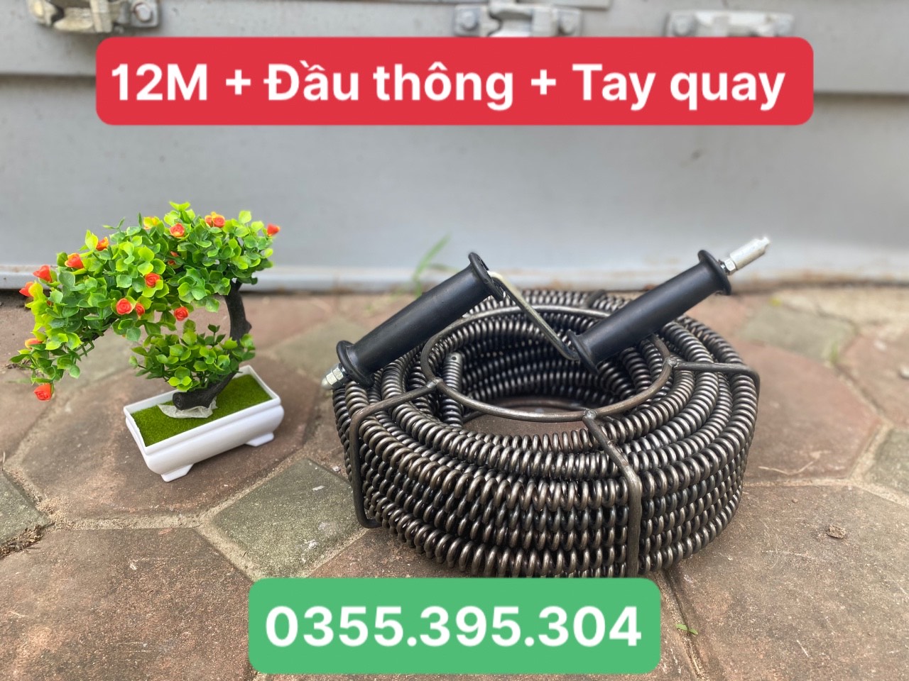 Dây thông tắc cống lò xo dùng tay quay dài 12m + 6 đầu thông + tay quay