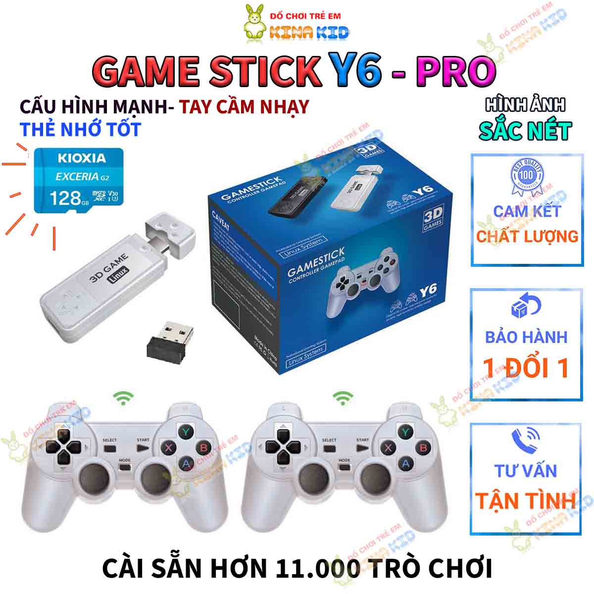 Máy chơi game Stick Y6 pro (thẻ JVJ 128G) Tay Cầm Không Dây Tốt, Kết Nối Tivi, Cổng HDMI, Chơi game PSP 4k, Sử dụng thẻ KIOXIA - kinakid