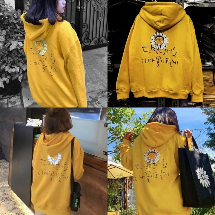 Áo hoodie hoa cúc chữ Hàn nỉ bông Vàng