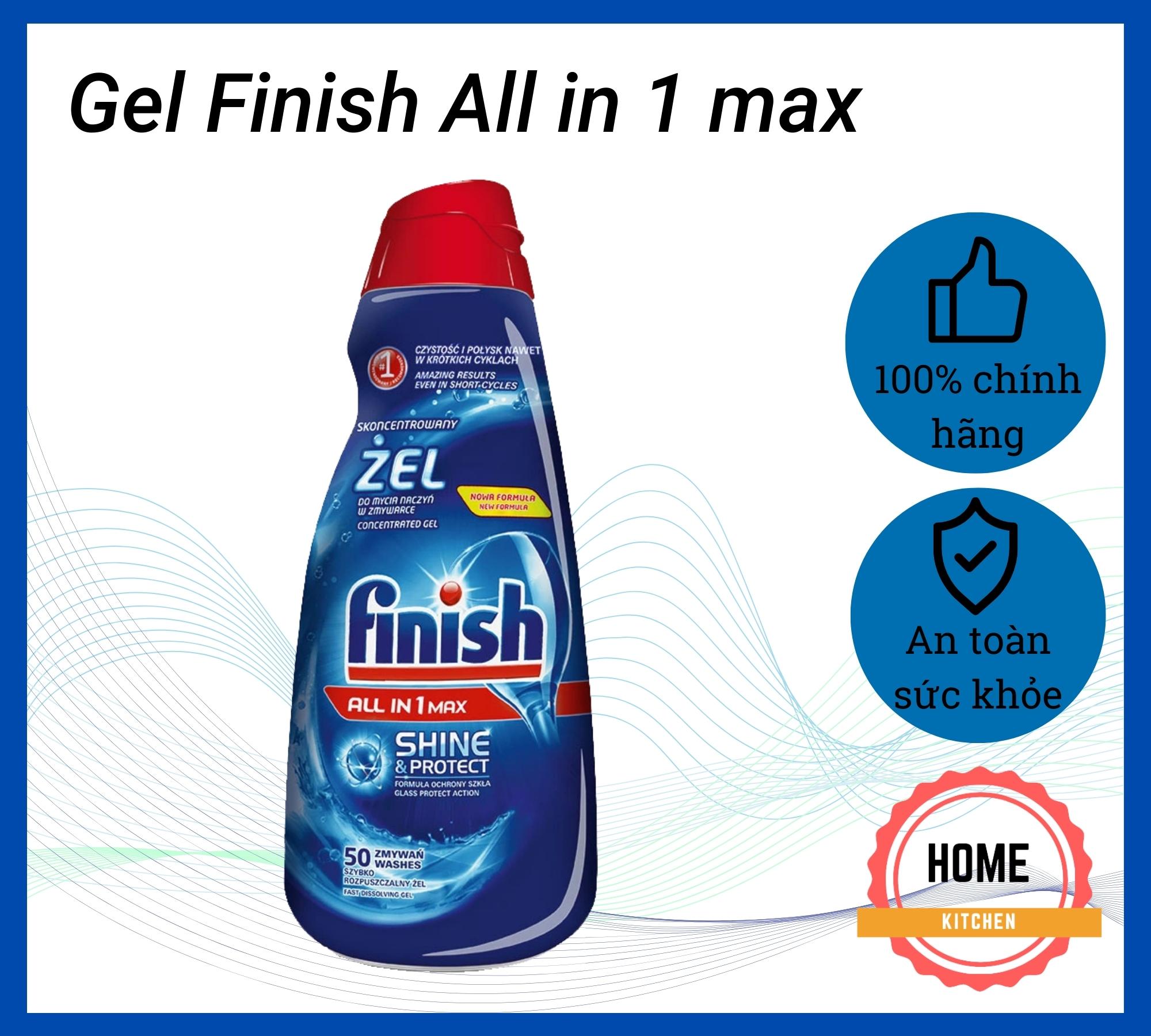 Gel rửa bát Finish All in One max 650ml. Làm sạch hiệu quả, diệt khuẩn vượt trội. Chống đóng cặn máy, chống mòn thủy tinh. Hàng chuẩn chính hãng